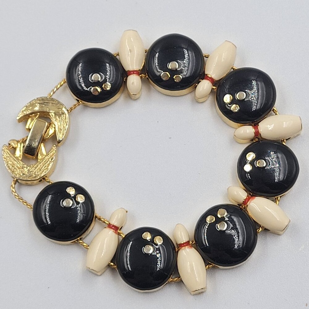 Vintage Bowling Ball & Pin Bracelet 7" Retro Sports Charm Jewelry